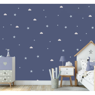 Papel de Parede quarto de bebê infantil céu estrelado nuvens noite - VR664