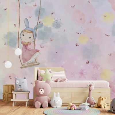 Papel de Parede quarto de bebê infantil menininha no balanço borboletinhas - VR663