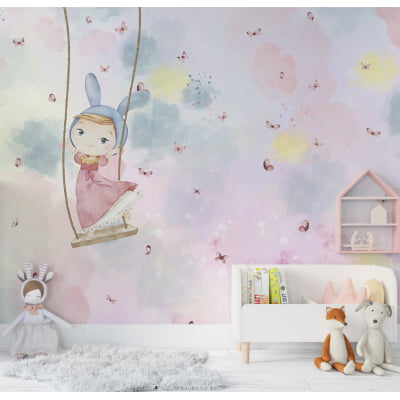 Papel de Parede quarto de bebê infantil menininha no balanço borboletinhas - VR663