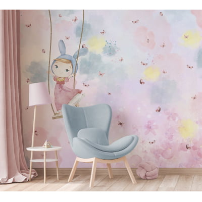  Papel de Parede quarto de bebê infantil menininha no balanço borboletinhas - VR663