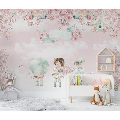 Papel de Parede quarto de bebê menininhas jardim floral infantil - VR667