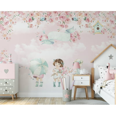 Papel de Parede quarto de bebê menininhas jardim floral infantil - VR667