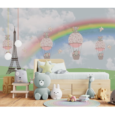 Papel de Parede quarto infantil animais campo torre arco-íris balões - VR676