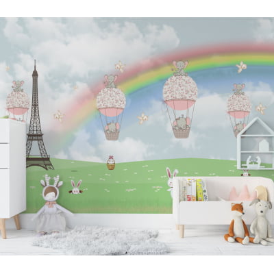 Papel de Parede quarto infantil animais campo torre arco-íris balões - VR676