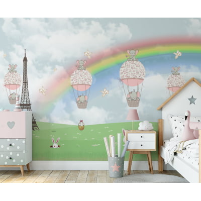 Papel de Parede quarto infantil animais campo torre arco-íris balões - VR676