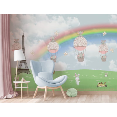 Papel de Parede quarto infantil animais campo torre arco-íris balões - VR676