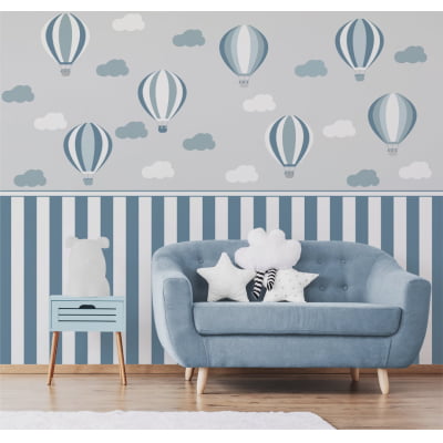 Papel de Parede quarto infantil bebê balões azul e branco - VR674