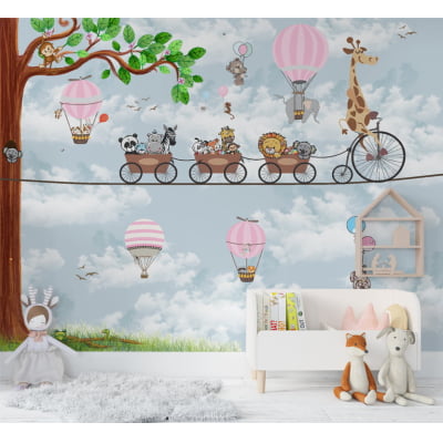 Papel de Parede quarto infantil safari girafinha balões árvore bebê - VR677