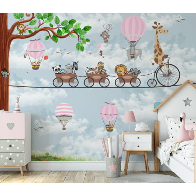 Papel de Parede quarto infantil safari girafinha balões árvore bebê - VR677