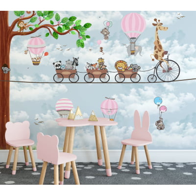 Papel de Parede quarto infantil safari girafinha balões árvore bebê - VR677