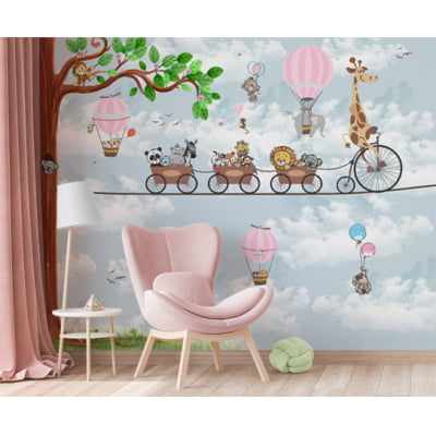 Papel de Parede quarto infantil safari girafinha balões árvore bebê - VR677