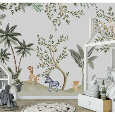 Papel De Parede Safari Animais Floresta Quarto De Bebê Infantil - VR591