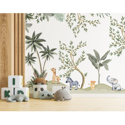 Papel De Parede Safari Animais Floresta Quarto De Bebê Infantil VR591