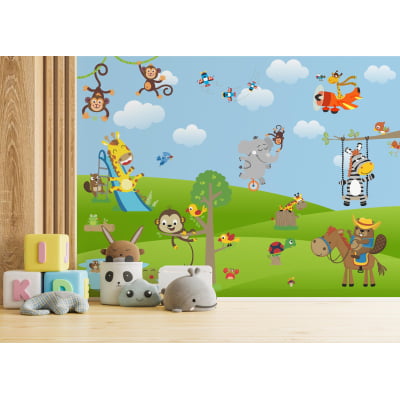 Papel De Parede Safári Animais Macaco Girafa Zebra VR342