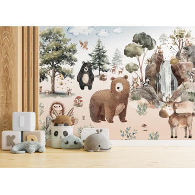 Papel De Parede Safari Floresta Animais Urso Infantil Vr723