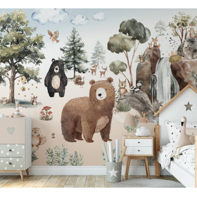 Papel De Parede Safari Floresta Animais Urso Infantil Vr723