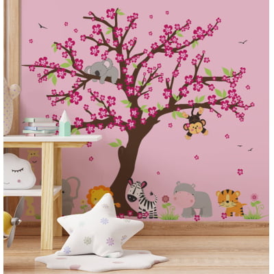 Papel De Parede Safári Floresta Rosa Bebê Menina VR381