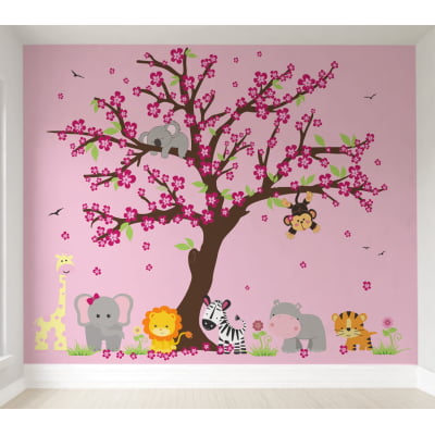 Papel De Parede Safári Floresta Rosa Bebê Menina VR381