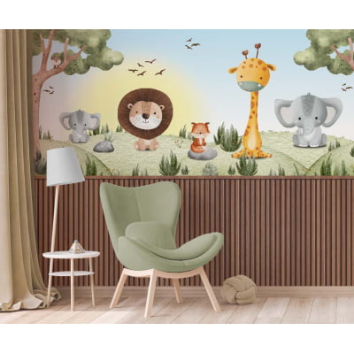 Papel De Parede safari floresta verde animais infantil - VR715