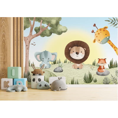 Papel De Parede safari floresta verde animais infantil - VR715