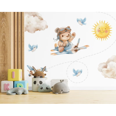 Papel De Parede Ursinho Aviador Passarinho Infantil - VR722