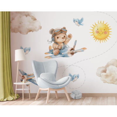 Papel De Parede Ursinho Aviador Passarinho Infantil - VR722