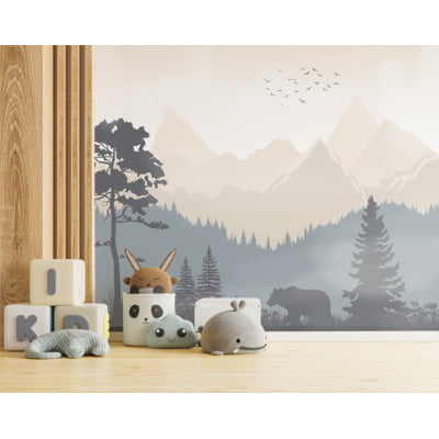 Papel De Parede Urso Na Floresta Montanhas Paisagem VR608