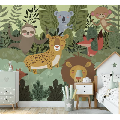 Quarto Infantil Papel De Parede Safari Animal Floresta VR639