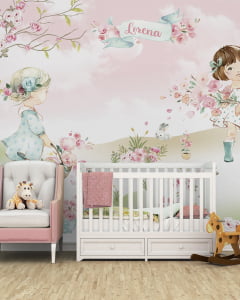 Papel de Parede Infantil Fofo Meninas Colhendo Flores - VR337