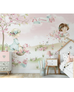 Papel de Parede Infantil Fofo Meninas Colhendo Flores