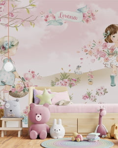 Papel de Parede Infantil Fofo Meninas Colhendo Flores