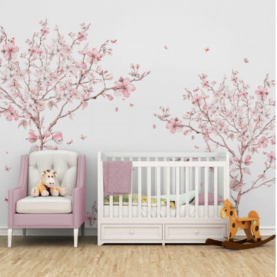 Papel de Parede Infantil Floral com Árvores e Borboletas - VR425