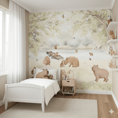 Papel De Parede Infantil Capivaras Na Lagoa Aquarelado Marrom-claro VR772 