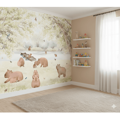 Papel De Parede Infantil Capivaras Na Lagoa Aquarelado Marrom-claro VR772 