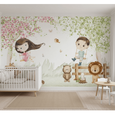 Papel de Parede Infantil Safari Amigos no Balanço VR776 Papel de Parede Infantil Safari Amigos no Balanço VR776