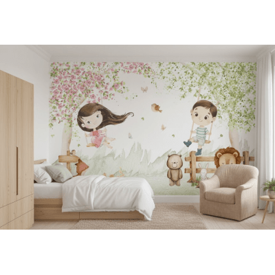 Papel de Parede Infantil Safari Amigos no Balanço VR776 Papel de Parede Infantil Safari Amigos no Balanço VR776