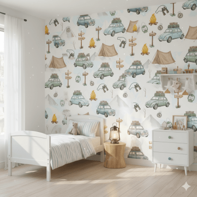 Papel De Parede Infantil Viagem E Aventura De Carros  Verde-claro VR765