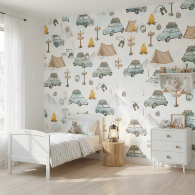 Papel De Parede Infantil Viagem E Aventura De Carros Verde-claro VR765 Papel De Parede Infantil Viagem E Aventura De Carros Verde-claro VR765