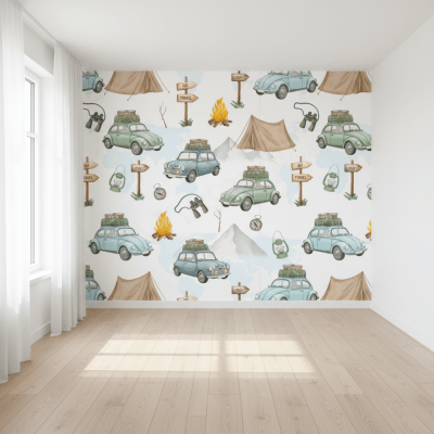 Papel De Parede Infantil Viagem E Aventura De Carros Verde-claro VR765 Papel De Parede Infantil Viagem E Aventura De Carros Verde-claro VR765