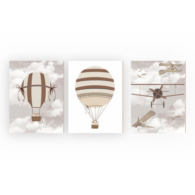 Placas Decorativas Aviões Balões Menino Marrom - PC06