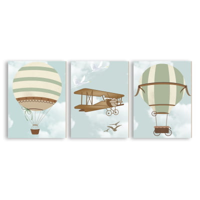 Placas Decorativas Aviões Balões Verde Menino - PC77