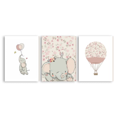 Placas Decorativas Floral Menina Rosa Elefantes Balões - PC46