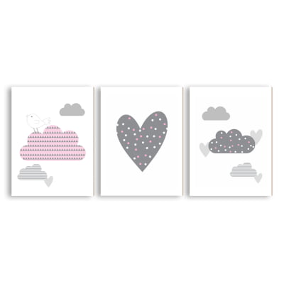 Placas Decorativas Nuvens Corações Rosa Menina - PC157