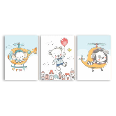 Placas Decorativas Ursinho Aviador Helicóptero Menino - PC110