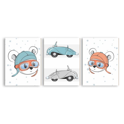 Placas Decorativas Ursinho Piloto Carros - PC208