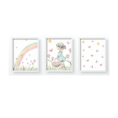 Quadro Decorativo Infantil Arco Íris Flores Campo Menina Personalizado Moldura MDF QD563