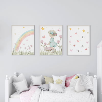 Quadro Decorativo Infantil Arco Íris Flores Campo Menina Personalizado Moldura MDF QD563 Papel de parede  infantil, Enxovais para Bebê, Kits Berço, Kit Cama, faixa decorativa, régua do crescimento, quadros decorativos infantil.