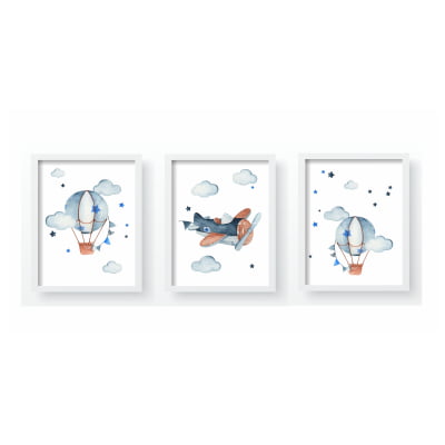 Quadro Decorativo Infantil Aviões Balões Azul Estrelinhas QD03