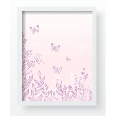 Quadro Decorativo Infantil Borboletas Rosa Jardim Encantado Personalizado Moldura MDF QD631