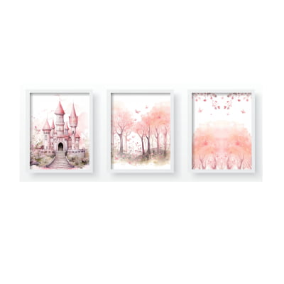 Quadro Decorativo Infantil castelo floresta rosa borboletas - QD624